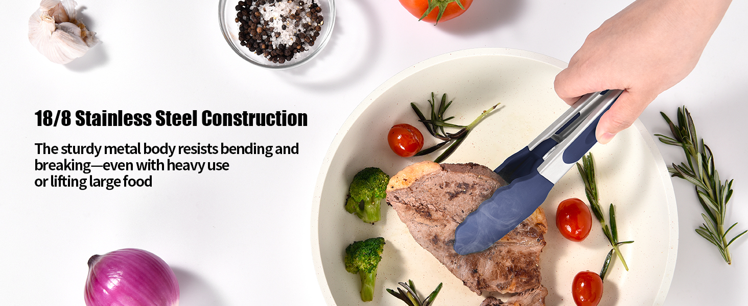 Doosu Kitchen Tongs for Cooking - 600°F Heat Resistant Food Tong with Non-Scratch Silicone Tips, Heavy Duty Stainless Steel Locking Tong for BBQ, Grilling Steak, Serving Salad Pasta (9in, Navy Blue)