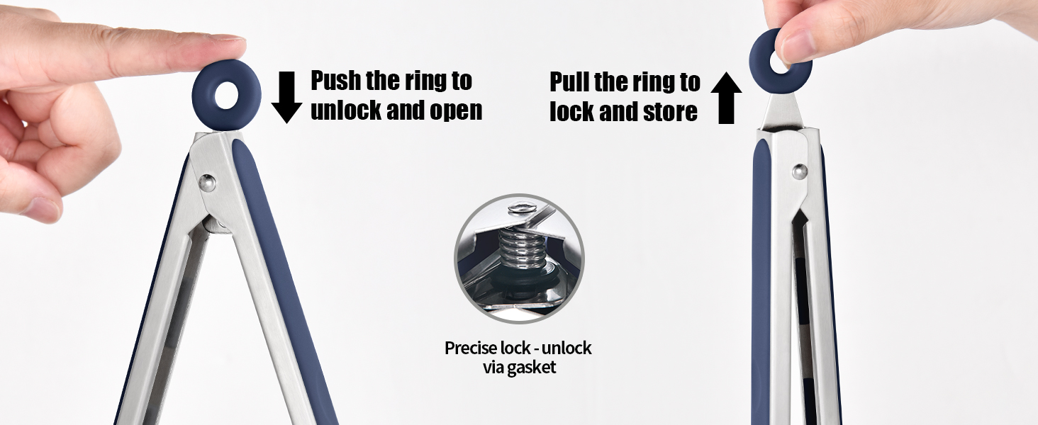 Doosu Kitchen Tongs for Cooking - 600°F Heat Resistant Food Tong with Non-Scratch Silicone Tips, Heavy Duty Stainless Steel Locking Tong for BBQ, Grilling Steak, Serving Salad Pasta (9in, Navy Blue)