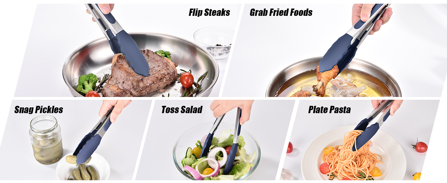 Doosu Kitchen Tongs for Cooking - 600°F Heat Resistant Food Tong with Non-Scratch Silicone Tips, Heavy Duty Stainless Steel Locking Tong for BBQ, Grilling Steak, Serving Salad Pasta (9in, Navy Blue)