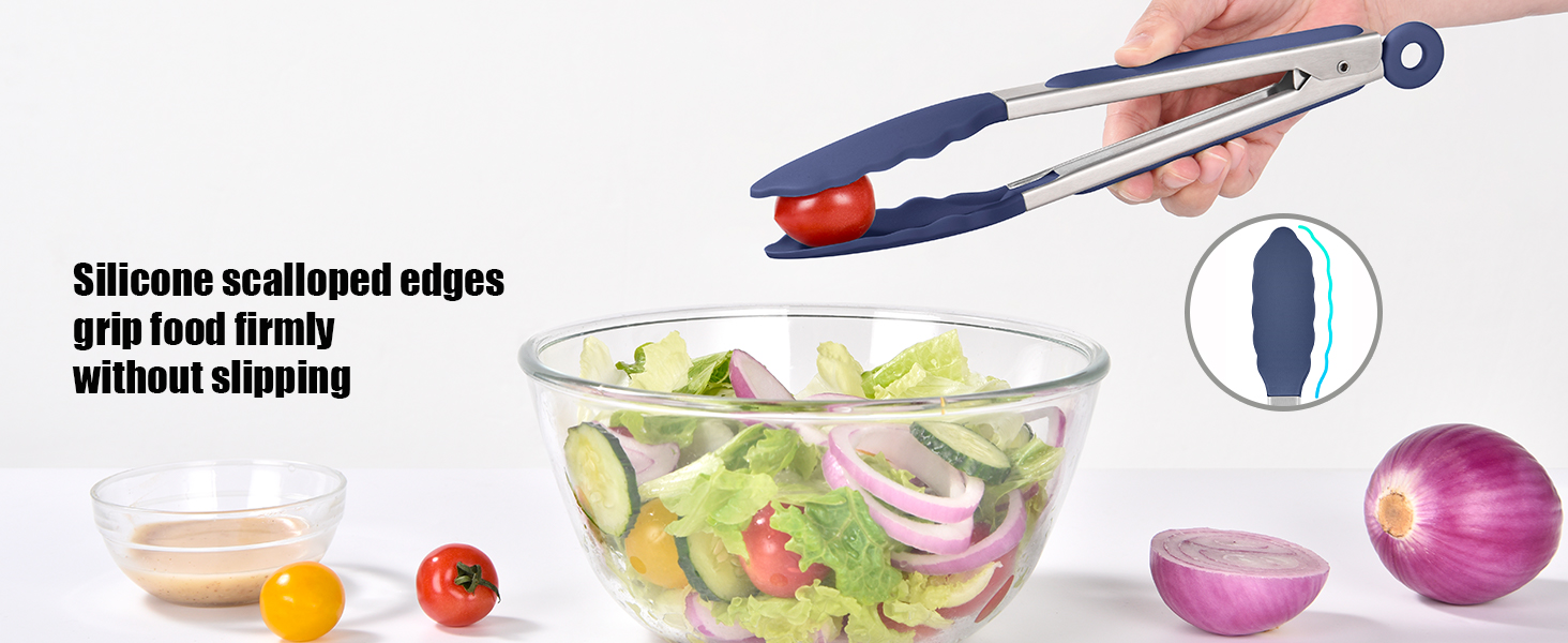 Doosu Kitchen Tongs for Cooking - 600°F Heat Resistant Food Tong with Non-Scratch Silicone Tips, Heavy Duty Stainless Steel Locking Tong for BBQ, Grilling Steak, Serving Salad Pasta (9in, Navy Blue)
