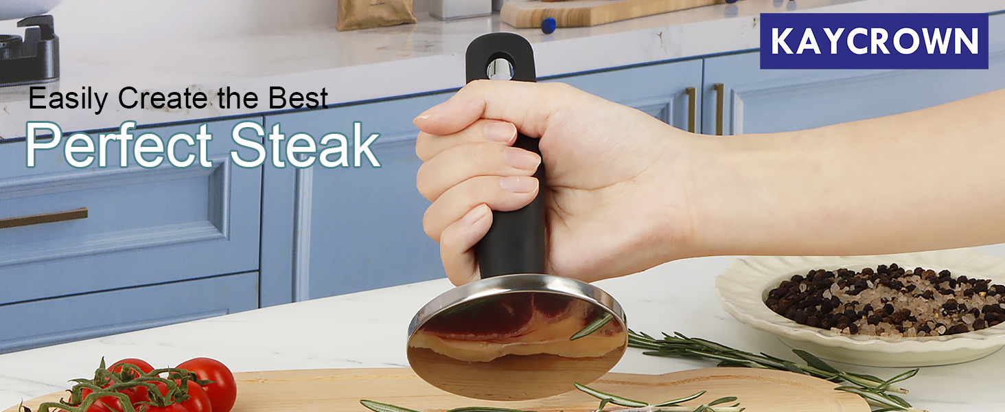 KAYCROWN Meat Pounder Tenderizer, Stainless Steel Kitchen Meat Tenderizer Hammer, Round Chicken Flattener Tool with Comfortable-Grip Rubber Handle for Flattening Cutlets and Tenderizing Meat