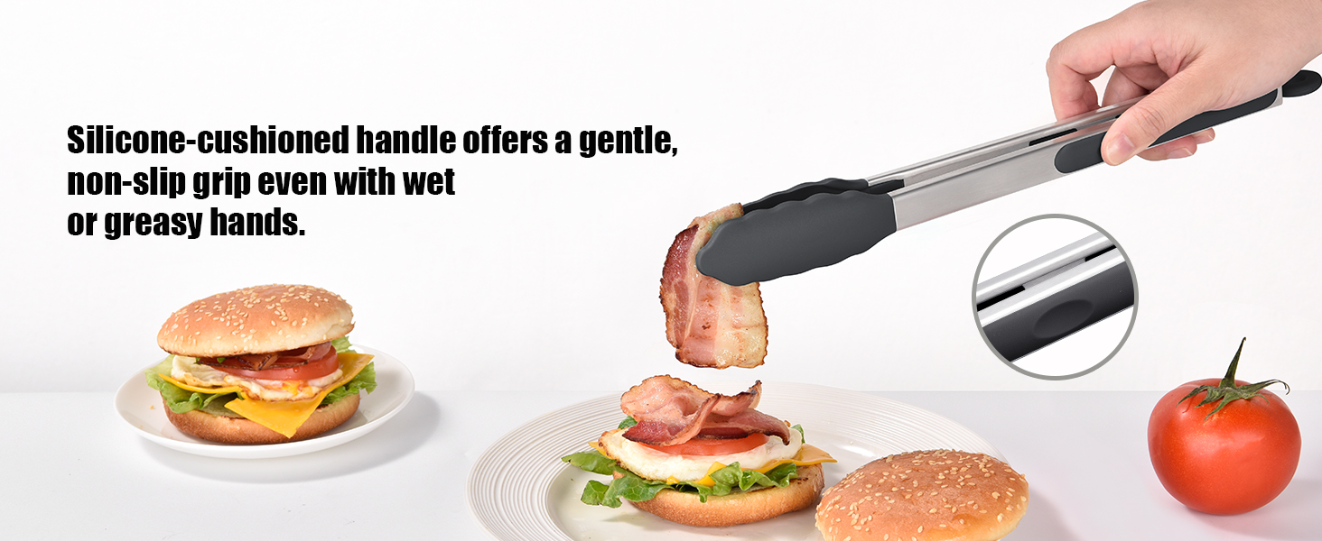 Doosu Kitchen Tongs for Cooking - 600°F Heat Resistant Food Tong Set with Non-Scratch Silicone Tips, Heavy Duty Stainless Steel Locking Tong for BBQ, Grilling Steak, Serving Salad (7+9+12in, Black)