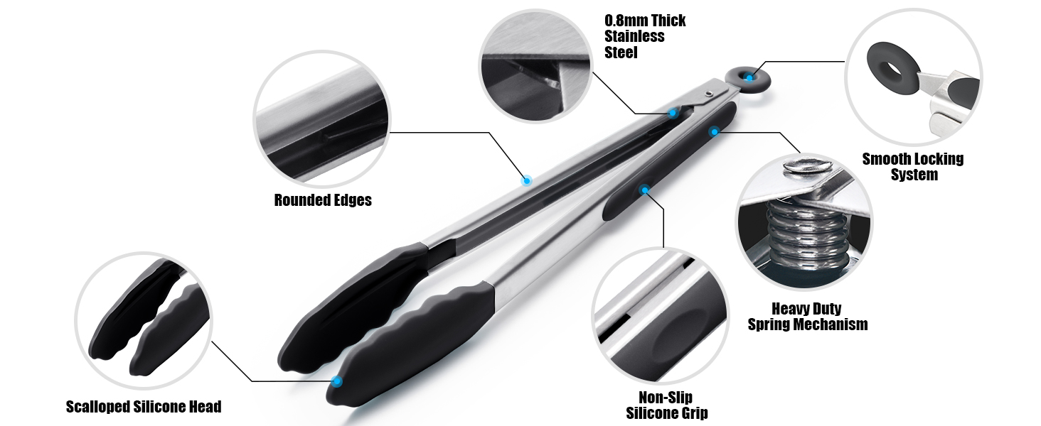 Doosu Kitchen Tongs for Cooking - 600°F Heat Resistant Food Tong Set with Non-Scratch Silicone Tips, Heavy Duty Stainless Steel Locking Tong for BBQ, Grilling Steak, Serving Salad (7+9+12in, Black)
