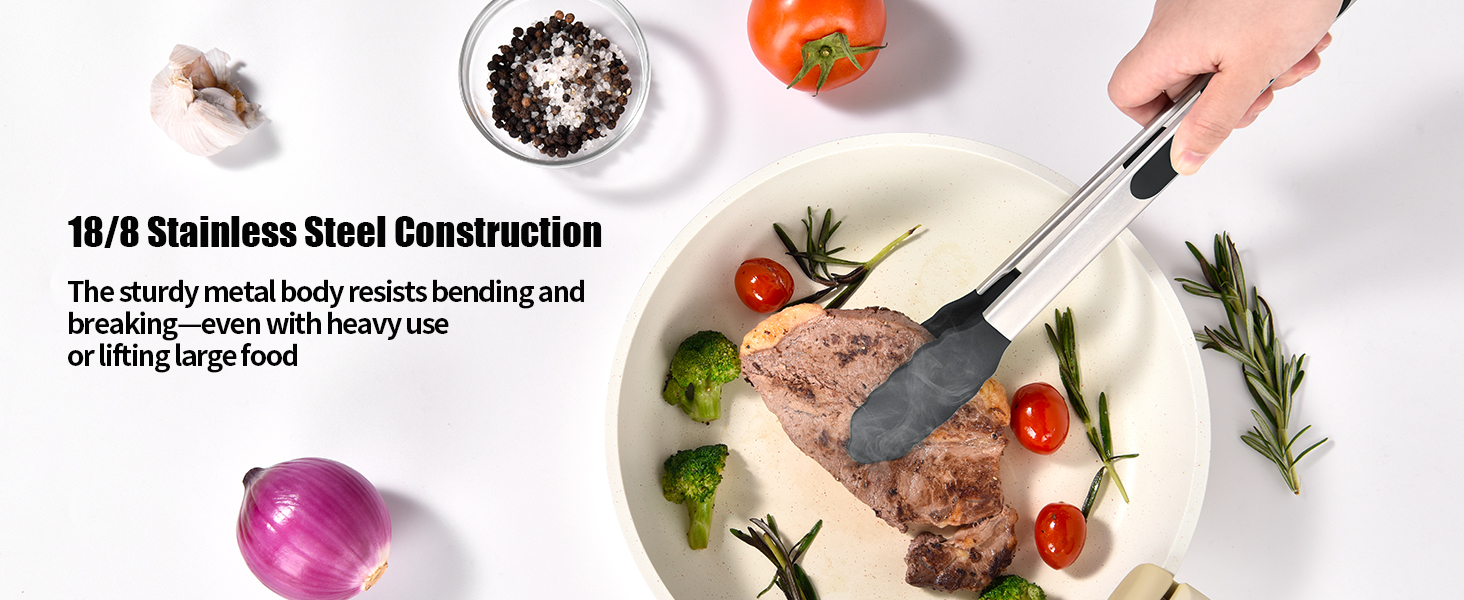 Doosu Kitchen Tongs for Cooking - 600°F Heat Resistant Food Tong Set with Non-Scratch Silicone Tips, Heavy Duty Stainless Steel Locking Tong for BBQ, Grilling Steak, Serving Salad (7+9+12in, Black)