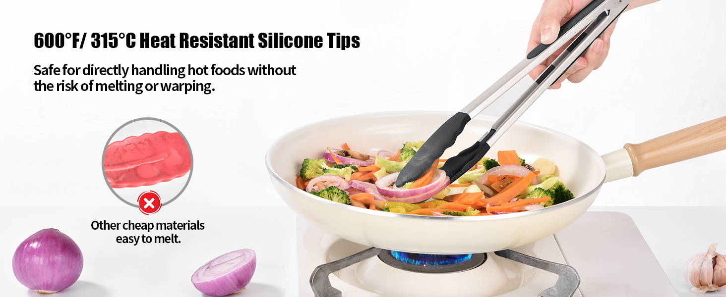 Doosu Kitchen Tongs for Cooking - 600°F Heat Resistant Food Tong Set with Non-Scratch Silicone Tips, Heavy Duty Stainless Steel Locking Tong for BBQ, Grilling Steak, Serving Salad (7+9+12in, Black)