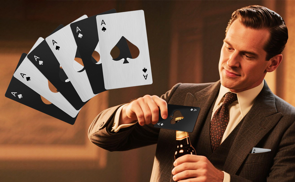 6PCS Poker Card Bottle Openers, Stainless Steel Credit Card Size Beer Bottle Opener - 3 Black & 3 Silver Poker Themed Cap Openers (Ace of Spades Design)