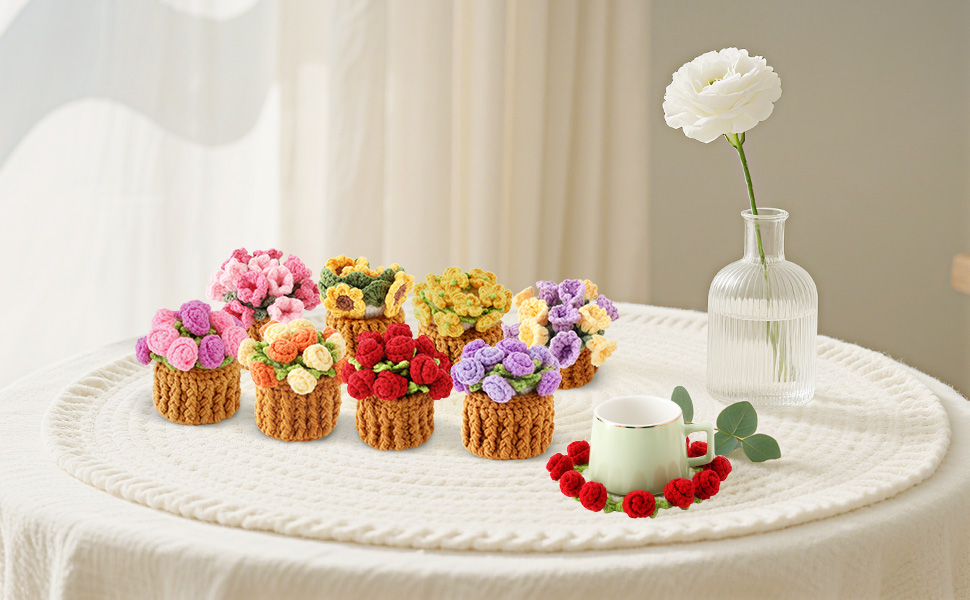 Flower Crochet Coasters, Handmade Bouquet Blanket Coaster with Crochet Plant Pot Fun Soft Decorative Drink Coasters for Coffee Tabletop Protection and Home Decor (Pink, 1Pc)