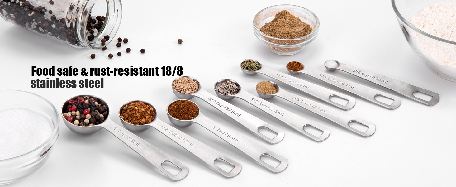 Doosu Measuring Spoons Set of 9-18/8 Stainless Steel Heavy Duty Teaspoons Tablespoons with Engraved Metric & US Measurements, Metal Measure Spoon for Dry and Liquid Ingredients, Dishwasher Safe