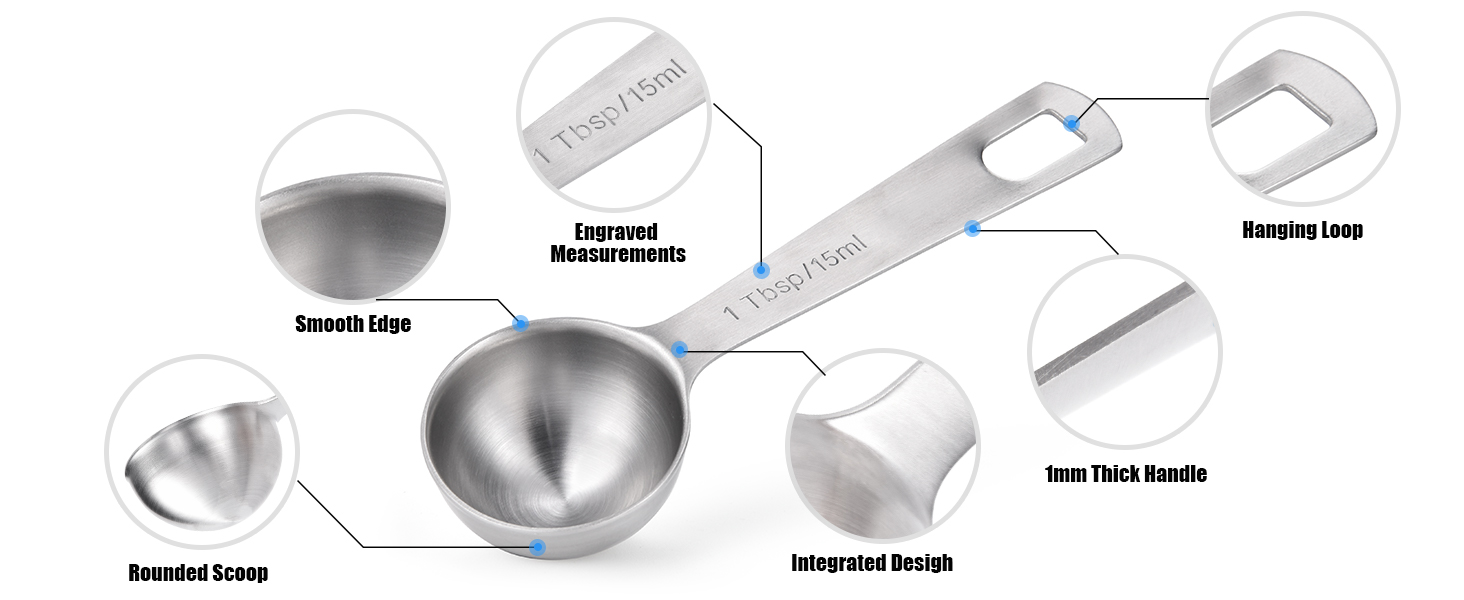 Doosu Measuring Spoons Set of 5-18/8 Stainless Steel Heavy Duty Teaspoons Tablespoons with Engraved Metric & US Measurements, Metal Measure Spoon for Dry and Liquid Ingredients, Dishwasher Safe