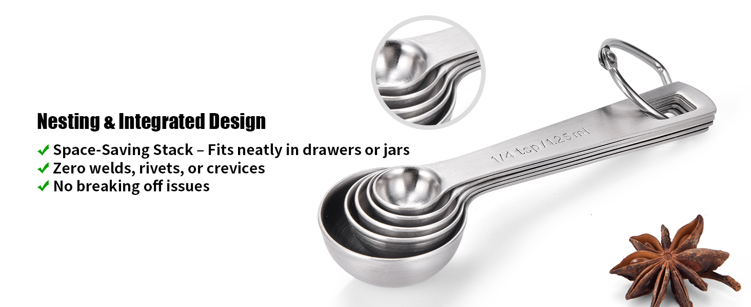 Doosu Measuring Spoons Set of 5-18/8 Stainless Steel Heavy Duty Teaspoons Tablespoons with Engraved Metric & US Measurements, Metal Measure Spoon for Dry and Liquid Ingredients, Dishwasher Safe