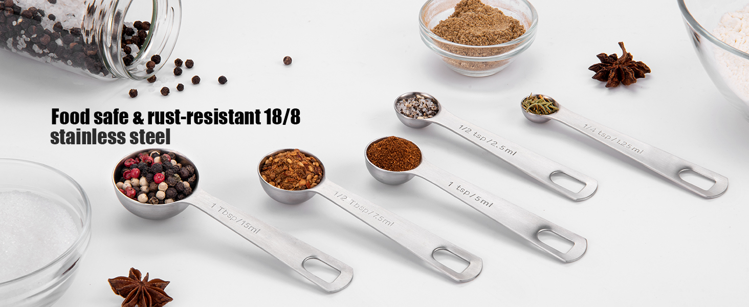 Doosu Measuring Spoons Set of 5-18/8 Stainless Steel Heavy Duty Teaspoons Tablespoons with Engraved Metric & US Measurements, Metal Measure Spoon for Dry and Liquid Ingredients, Dishwasher Safe