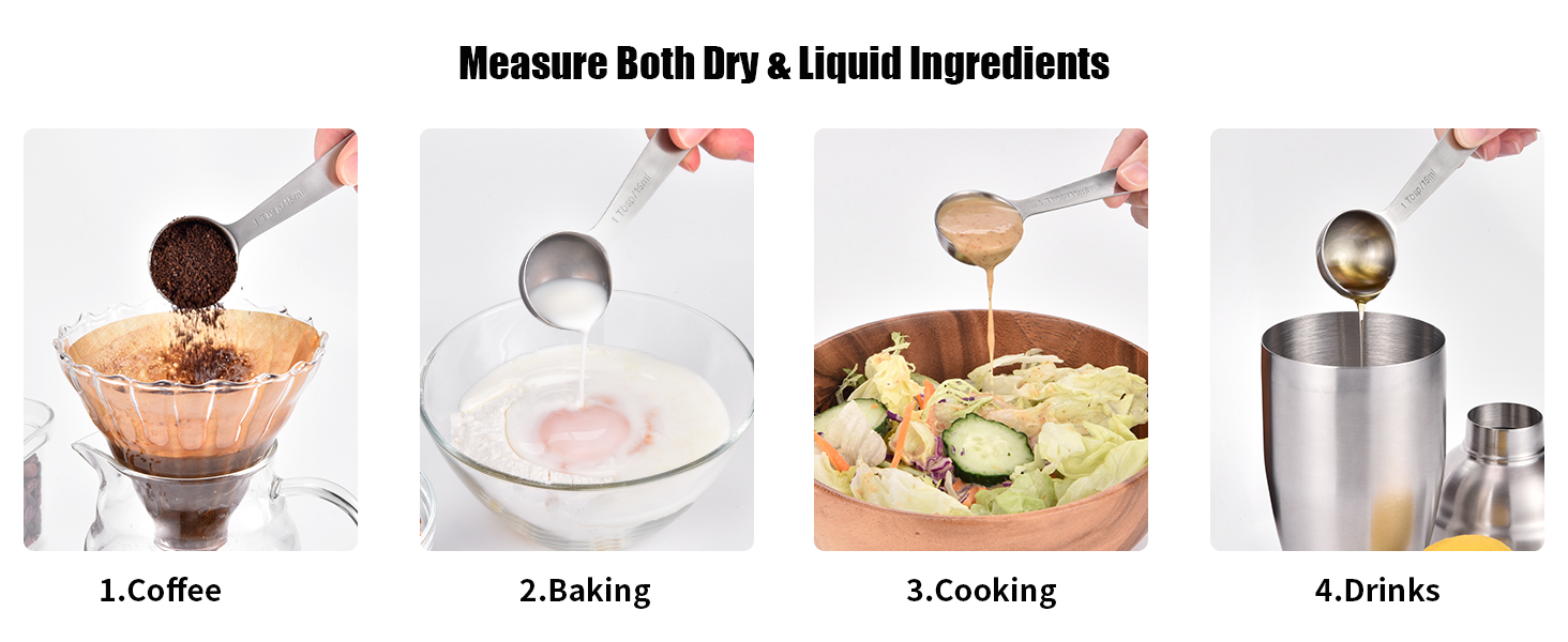 Doosu Measuring Spoons Set of 8-18/8 Stainless Steel Heavy Duty Teaspoons Tablespoons with Engraved Metric & US Measurements, Metal Measure Spoon for Dry and Liquid Ingredients, Dishwasher Safe