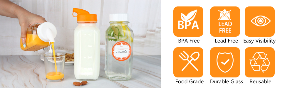 4 Pack 16 OZ Glass Milk Bottles with Lids, Glass Juice Bottles with Scale & Silicone Pour Spout, Reusable Juice Containers Square Drinking Jars for Milk, Coffee, Smoothies, Water