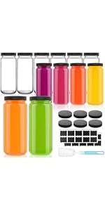 4 Pack 16 OZ Glass Milk Bottles with Lids, Glass Juice Bottles with Scale & Silicone Pour Spout, Reusable Juice Containers Square Drinking Jars for Milk, Coffee, Smoothies, Water