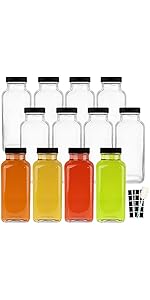 4 Pack 16 OZ Glass Milk Bottles with Lids, Glass Juice Bottles with Scale & Silicone Pour Spout, Reusable Juice Containers Square Drinking Jars for Milk, Coffee, Smoothies, Water