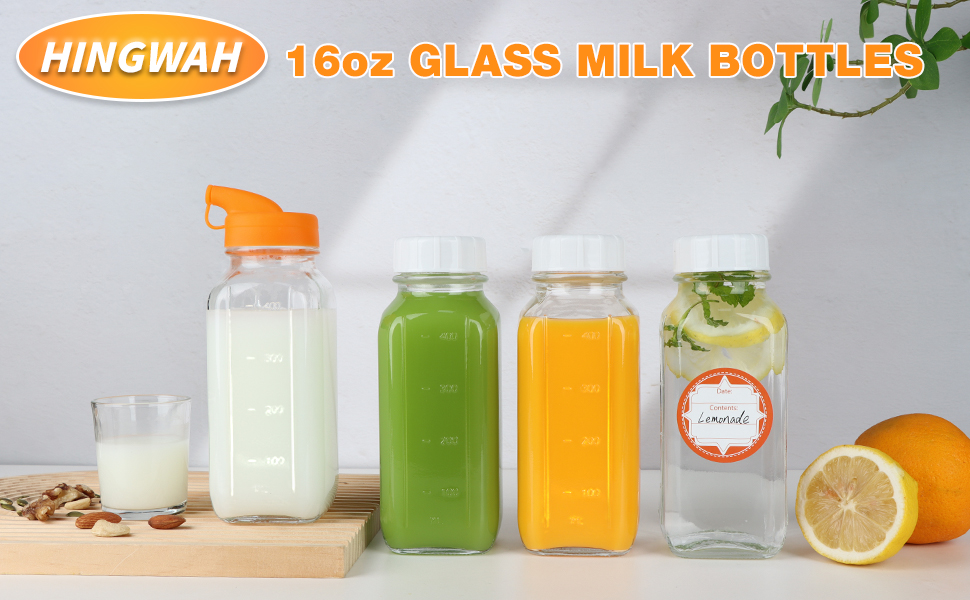 4 Pack 16 OZ Glass Milk Bottles with Lids, Glass Juice Bottles with Scale & Silicone Pour Spout, Reusable Juice Containers Square Drinking Jars for Milk, Coffee, Smoothies, Water