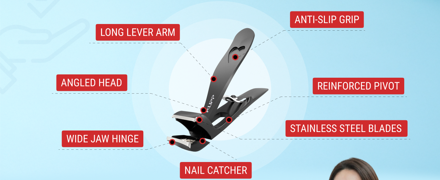 Toenail Clippers for Thick Toenails – KLIPP 15 mm Wide Jaw Thick Fingernail and Toenail Cutter with Curved Stainless-Steel Blades for Seniors (Angled Wide Opening)