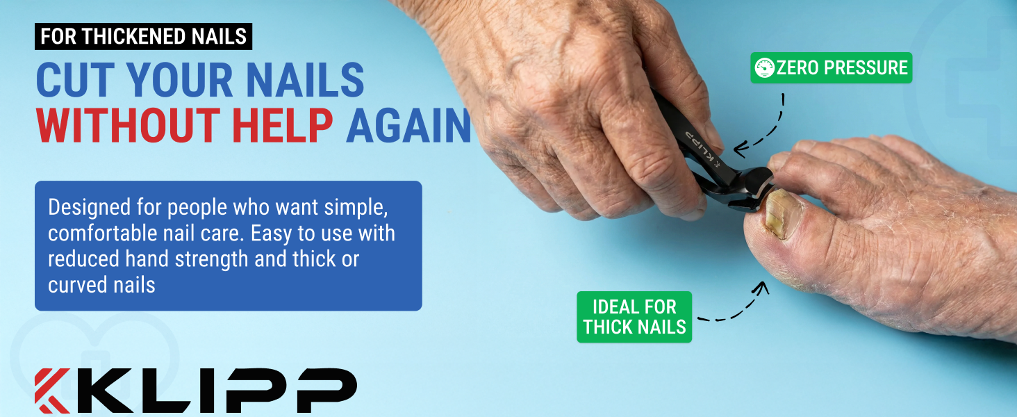 Toenail Clippers for Thick Toenails – KLIPP 15 mm Wide Jaw Thick Fingernail and Toenail Cutter with Curved Stainless-Steel Blades for Seniors (Angled Wide Opening)