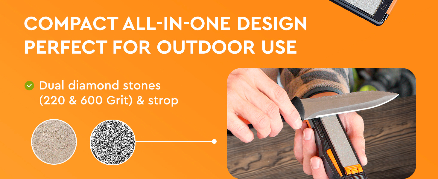 Orange Ninja Pocket Field Knife Sharpener – 8-in-1 Camping & Hunting EDC Knife Sharpener with Guided Diamond Whetstones, Leather Strop, Fire Starter & Diamond Rod