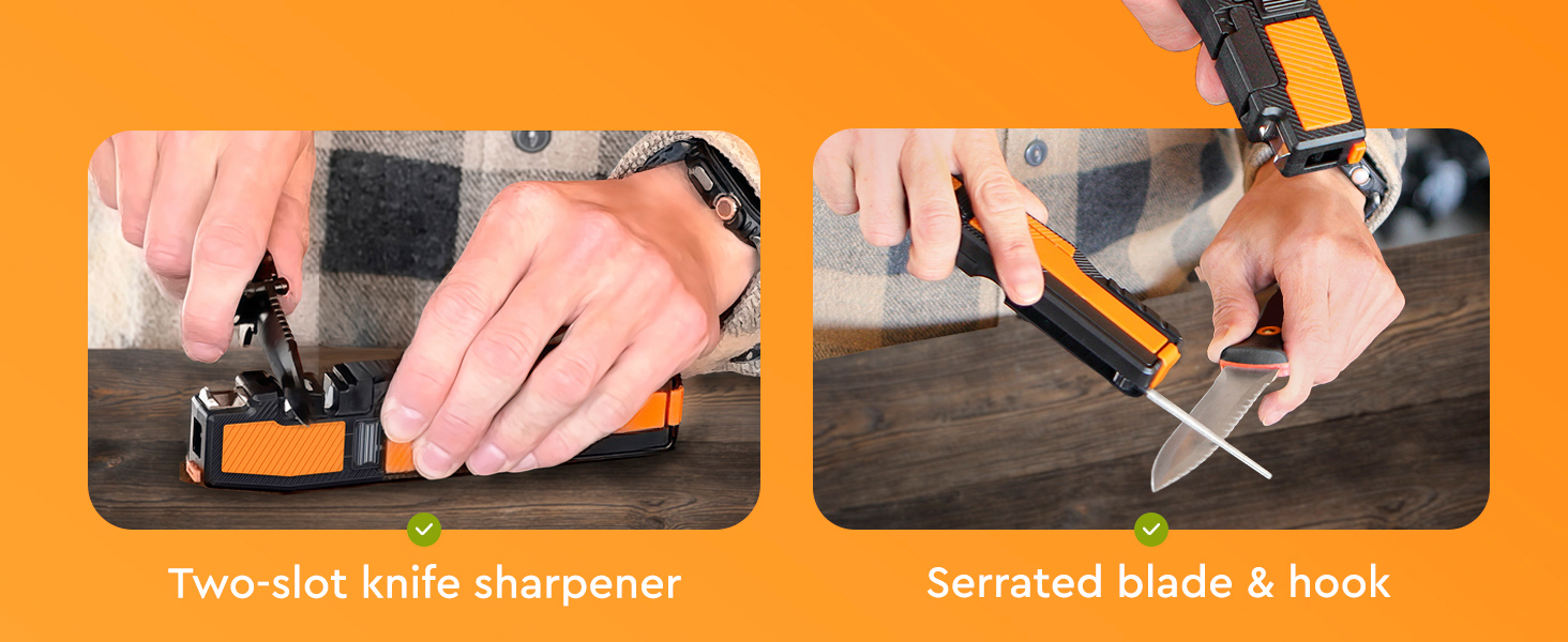 Orange Ninja Pocket Field Knife Sharpener – 8-in-1 Camping & Hunting EDC Knife Sharpener with Guided Diamond Whetstones, Leather Strop, Fire Starter & Diamond Rod