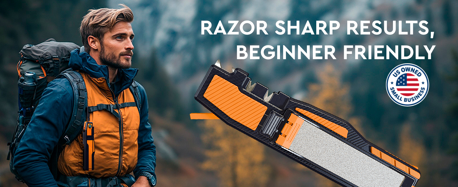 Orange Ninja Pocket Field Knife Sharpener – 8-in-1 Camping & Hunting EDC Knife Sharpener with Guided Diamond Whetstones, Leather Strop, Fire Starter & Diamond Rod