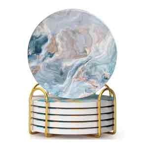 Drink Coasters with Holder 6 Pack, Ceramic Marble Style, Absorbent Abstract Coasters Set, 4in Cup Mat for Any Cups, Home, Living Room Decor, Tabletop-Protection for Coffee Beverage-Navy Blue