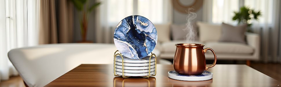 Drink Coasters with Holder 6 Pack, Ceramic Marble Style, Absorbent Abstract Coasters Set, 4in Cup Mat for Any Cups, Home, Living Room Decor, Tabletop-Protection for Coffee Beverage-Navy Blue