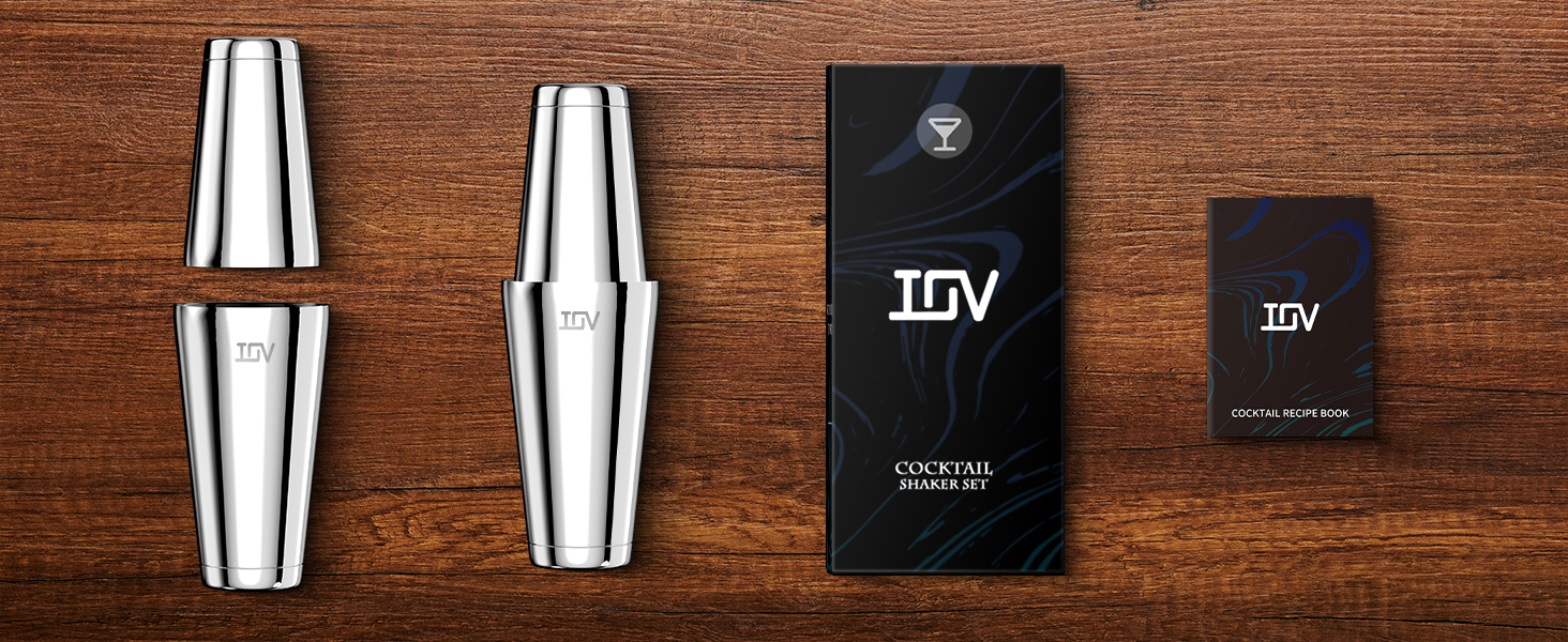 IOV Boston Cocktail Shaker Set, 18oz & 28oz Stainless Steel Weighted Shaker Tins, Metal Martini Drink Mixer for Bartending, Professional Bar Tools with Cocktail Recipe Guide