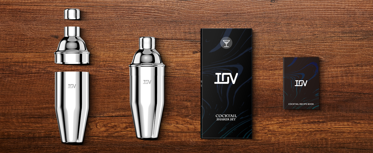 IOV Cocktail Shaker, 24 oz Martini Shaker, Drink Mixer with Built-in Strainer, Professional Stainless Steel Margarita Alcohol Shakers with Cocktail Recipe Guide, Bartender Kit Gifts