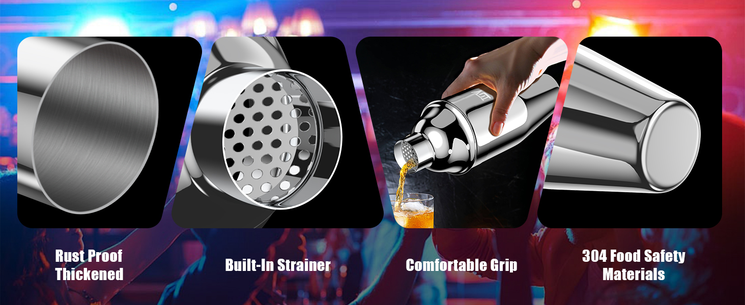 IOV Cocktail Shaker, 24 oz Martini Shaker, Drink Mixer with Built-in Strainer, Professional Stainless Steel Margarita Alcohol Shakers with Cocktail Recipe Guide, Bartender Kit Gifts