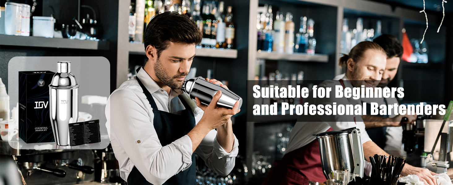 IOV Cocktail Shaker, 24 oz Martini Shaker, Drink Mixer with Built-in Strainer, Professional Stainless Steel Margarita Alcohol Shakers with Cocktail Recipe Guide, Bartender Kit Gifts