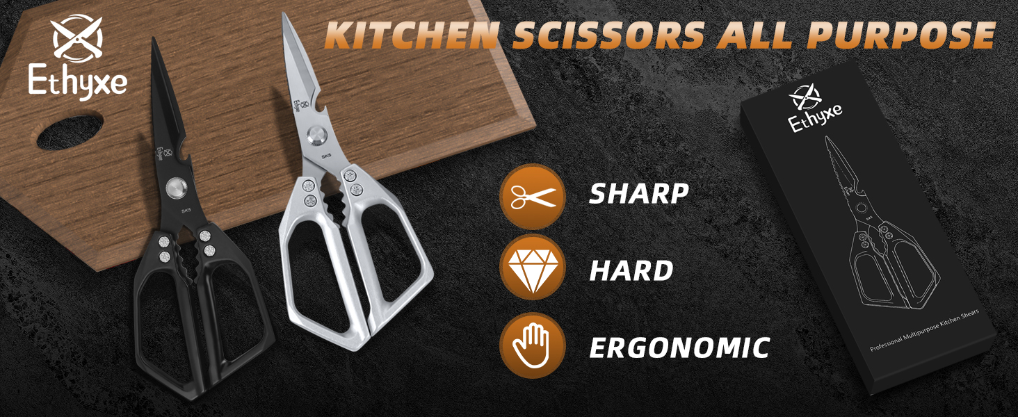 Kitchen Scissors Set - Heavy Duty Japanese Style, Dishwasher Safe, All Purpose Meat Cutting Shears, Sharp Food Scissors for Chicken Bones, Turkey, Fish & Vegetables