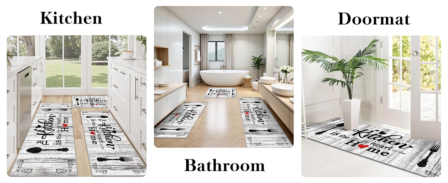 Tritard 100% Non Slip Kitchen Mats for Floor Washable Kitchen Rugs Sets of 3 Farmhouse Kitchen Runner Rug Soft Rustic Kitchen Floor Carpet for Hallway, Laundry, Sink, Office, Grey