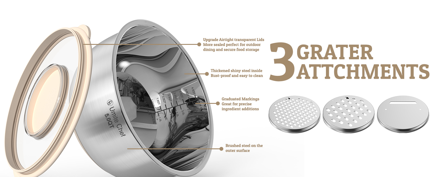 Mixing Bowles Set with Lids Set - Warp-Proof TPR-AS Lids, Stainless Steel Mixing Bowl with 3 Graters & Measuring Lines, Non-Slip Bowls for Baking, Prep, Airtight Food Storage (Khaki 5/3/2/1.5/0.63QT)