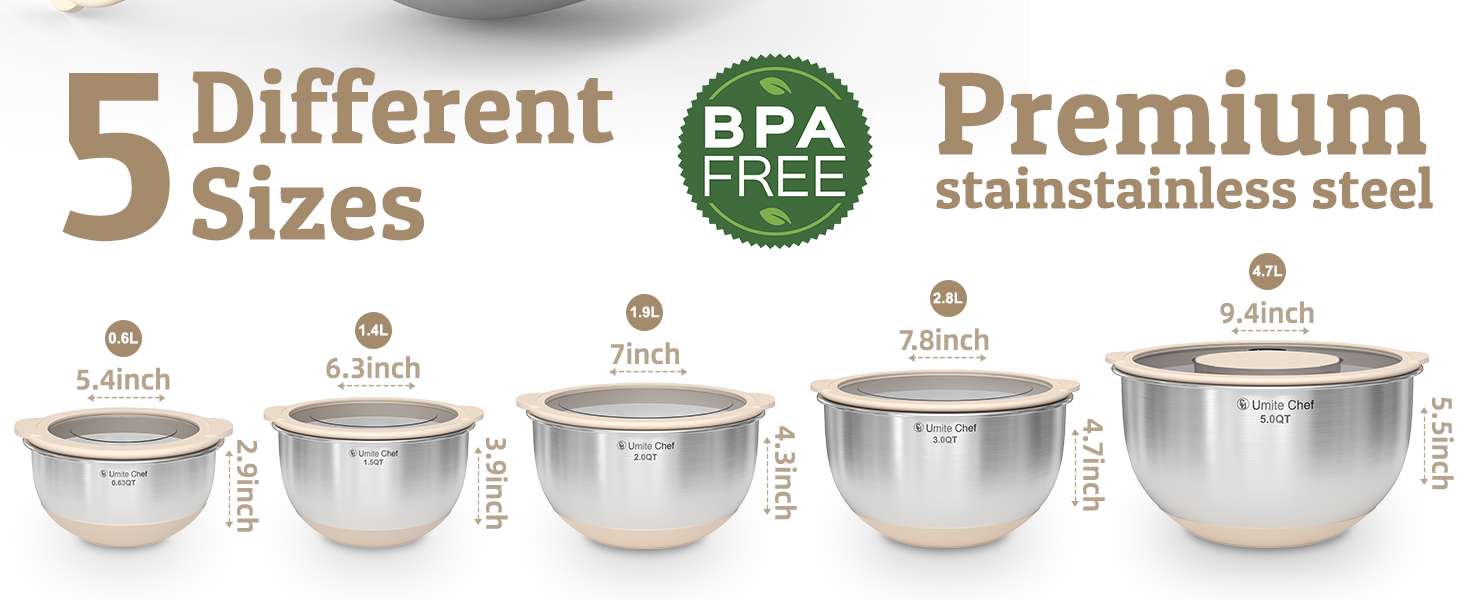 Mixing Bowles Set with Lids Set - Warp-Proof TPR-AS Lids, Stainless Steel Mixing Bowl with 3 Graters & Measuring Lines, Non-Slip Bowls for Baking, Prep, Airtight Food Storage (Khaki 5/3/2/1.5/0.63QT)