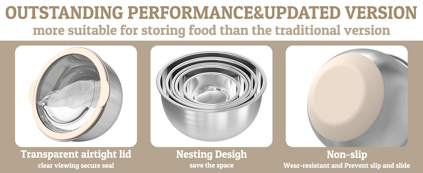 Mixing Bowles Set with Lids Set - Warp-Proof TPR-AS Lids, Stainless Steel Mixing Bowl with 3 Graters & Measuring Lines, Non-Slip Bowls for Baking, Prep, Airtight Food Storage (Khaki 5/3/2/1.5/0.63QT)