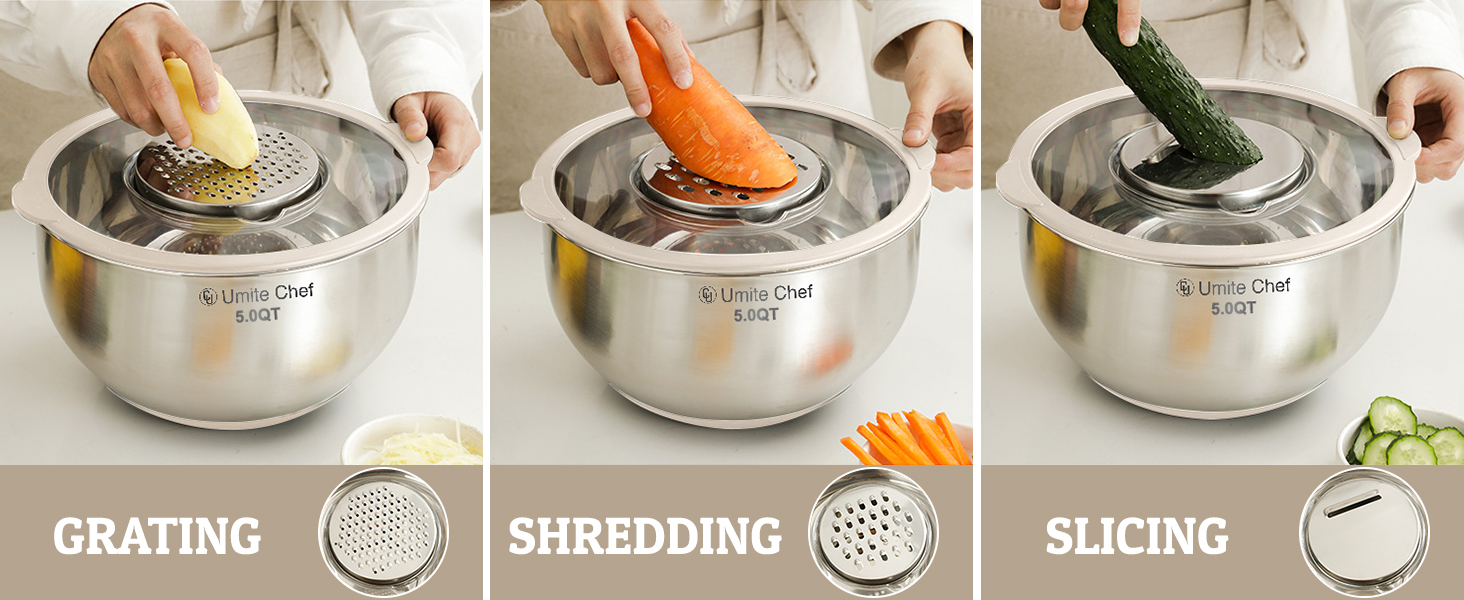 Mixing Bowles Set with Lids Set - Warp-Proof TPR-AS Lids, Stainless Steel Mixing Bowl with 3 Graters & Measuring Lines, Non-Slip Bowls for Baking, Prep, Airtight Food Storage (Khaki 5/3/2/1.5/0.63QT)