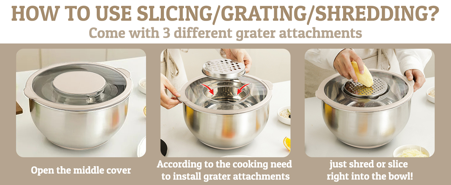 Mixing Bowles Set with Lids Set - Warp-Proof TPR-AS Lids, Stainless Steel Mixing Bowl with 3 Graters & Measuring Lines, Non-Slip Bowls for Baking, Prep, Airtight Food Storage (Khaki 5/3/2/1.5/0.63QT)