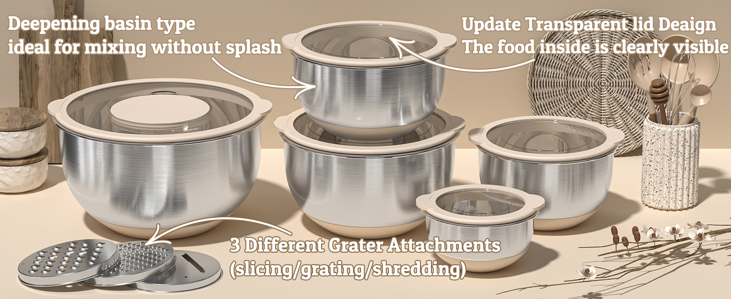 Mixing Bowles Set with Lids Set - Warp-Proof TPR-AS Lids, Stainless Steel Mixing Bowl with 3 Graters & Measuring Lines, Non-Slip Bowls for Baking, Prep, Airtight Food Storage (Khaki 5/3/2/1.5/0.63QT)