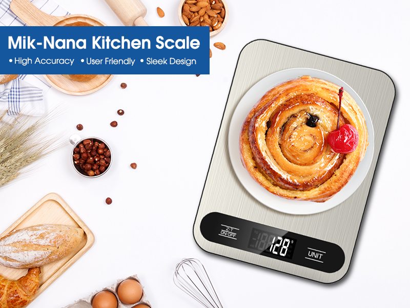 Mik-Nana Food Scale, 22lb Digital Kitchen Scale with 6 Units Tare Function & LCD Display, Stainless Steel Weight Grams and Ounces for Baking, Cooking and Meal Prep (Batteries Included)