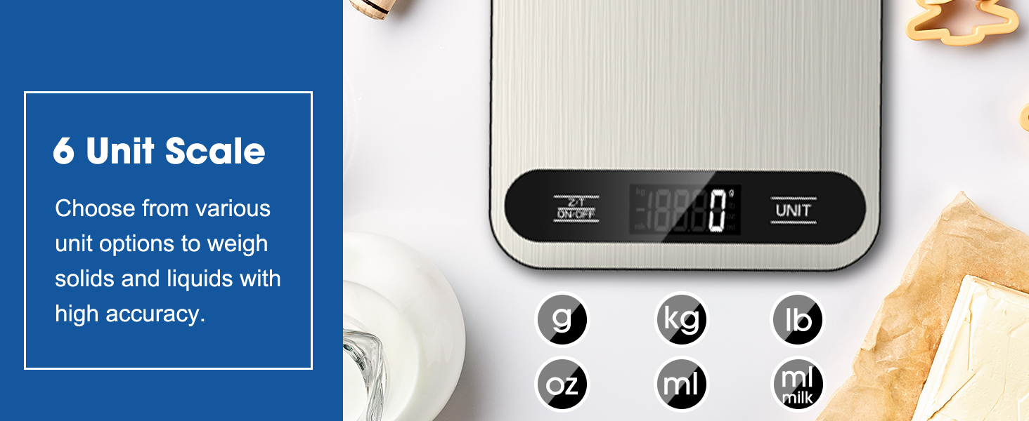 Mik-Nana Food Scale, 22lb Digital Kitchen Scale with 6 Units Tare Function & LCD Display, Stainless Steel Weight Grams and Ounces for Baking, Cooking and Meal Prep (Batteries Included)