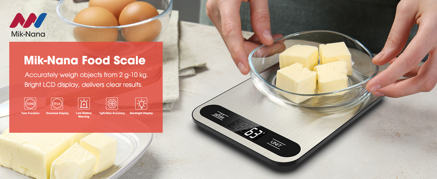 Mik-Nana Food Scale, 22lb Digital Kitchen Scale with 6 Units Tare Function & LCD Display, Stainless Steel Weight Grams and Ounces for Baking, Cooking and Meal Prep (Batteries Included)