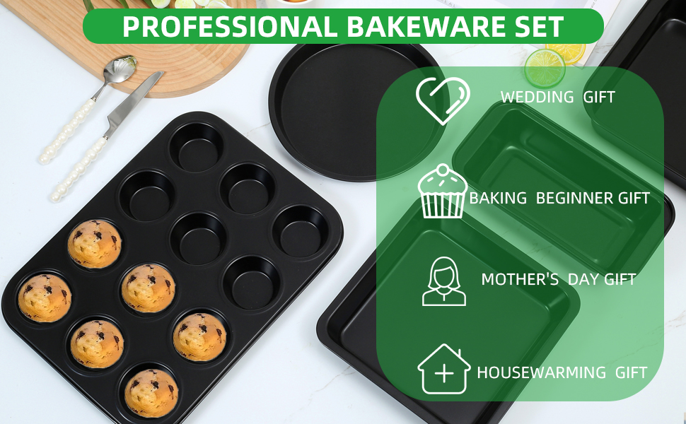 11-Piece Nonstick Baking Pans Set - Professional Grade Carbon Steel Bakeware with Premium Coating- Dishwasher Safe, Stackable, Oven Safe to 450°F (Black)