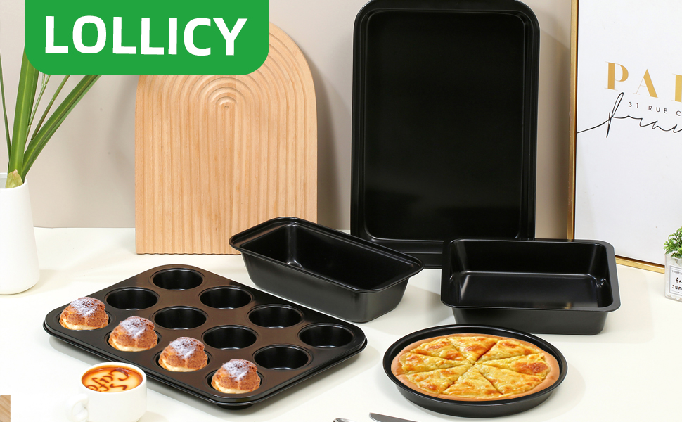 11-Piece Nonstick Baking Pans Set - Professional Grade Carbon Steel Bakeware with Premium Coating- Dishwasher Safe, Stackable, Oven Safe to 450°F (Black)