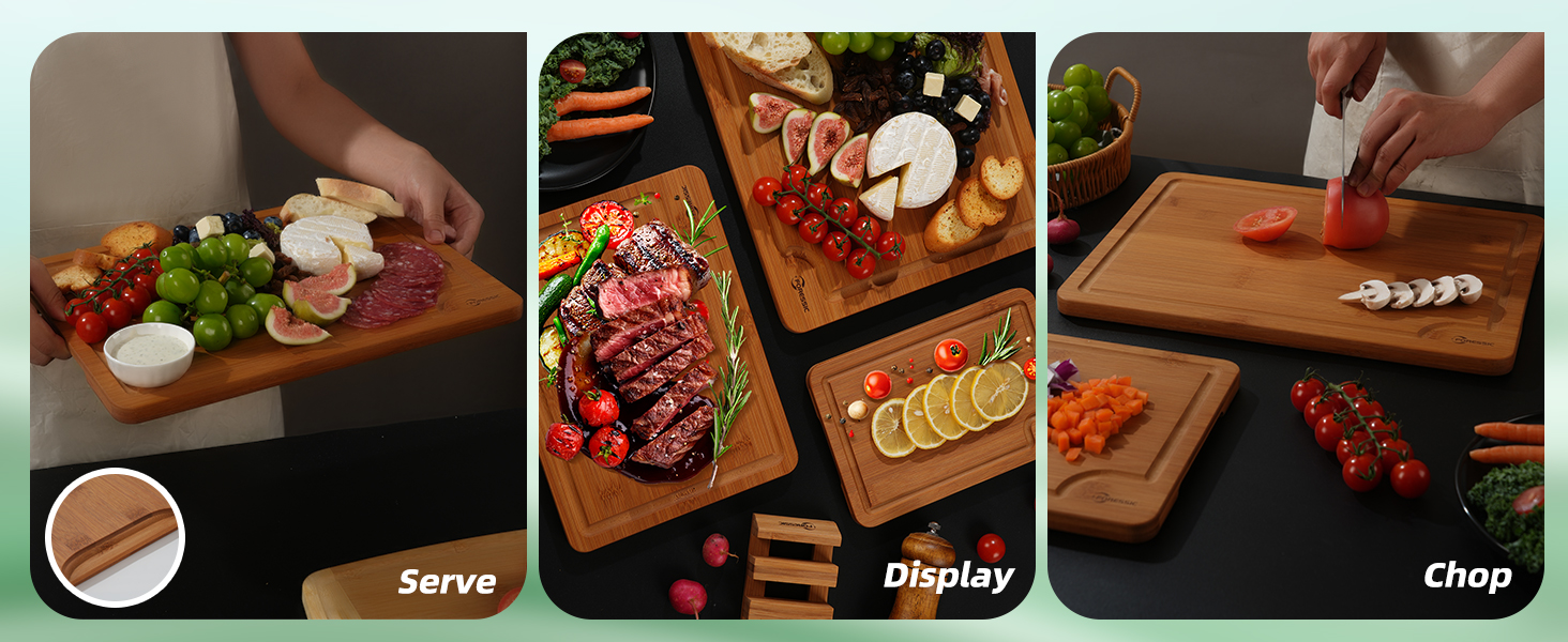 Bamboo Cutting Board, Non Slip Wood Cutting Boards for Kitchen 3 Packs Holder and Over Sink Nice Solid Thick Durable Cutting Boards for Kitchen Large Small Vegetables Fruits Kitchen Gifts (Carbonized)