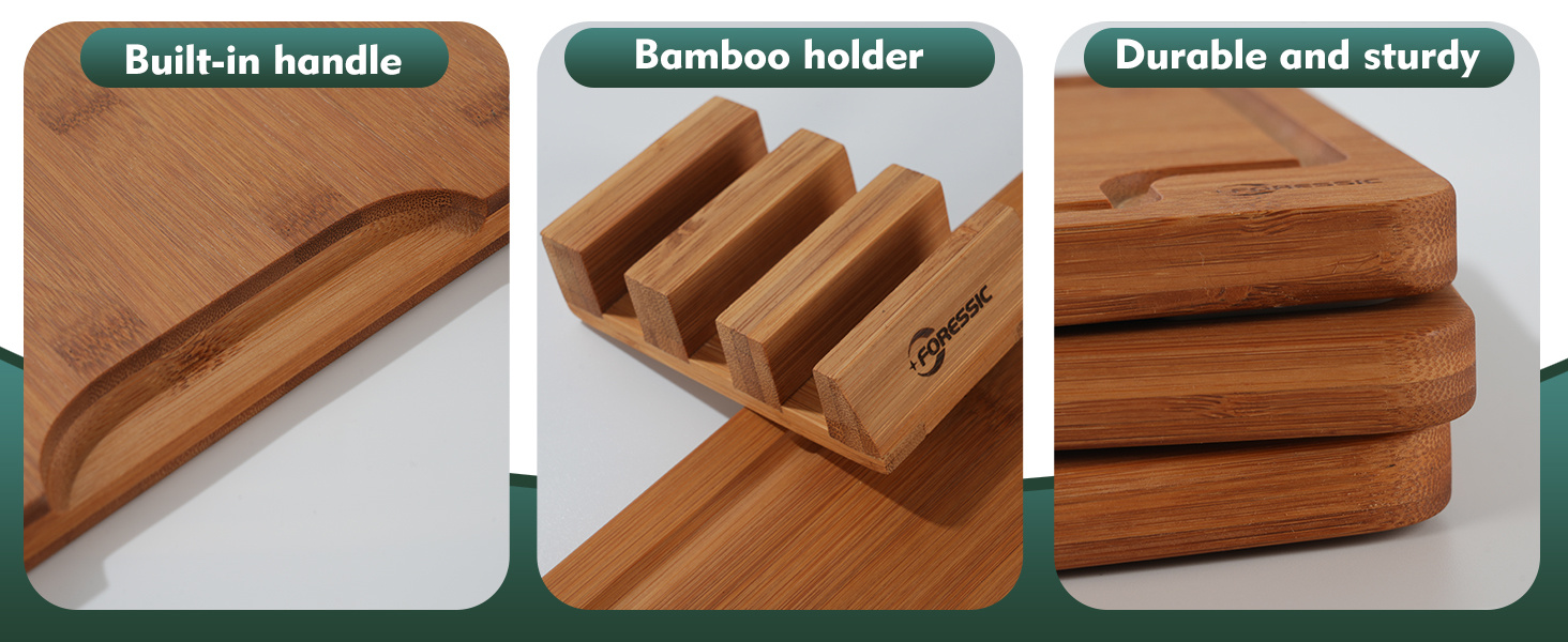 Bamboo Cutting Board, Non Slip Wood Cutting Boards for Kitchen 3 Packs Holder and Over Sink Nice Solid Thick Durable Cutting Boards for Kitchen Large Small Vegetables Fruits Kitchen Gifts (Carbonized)
