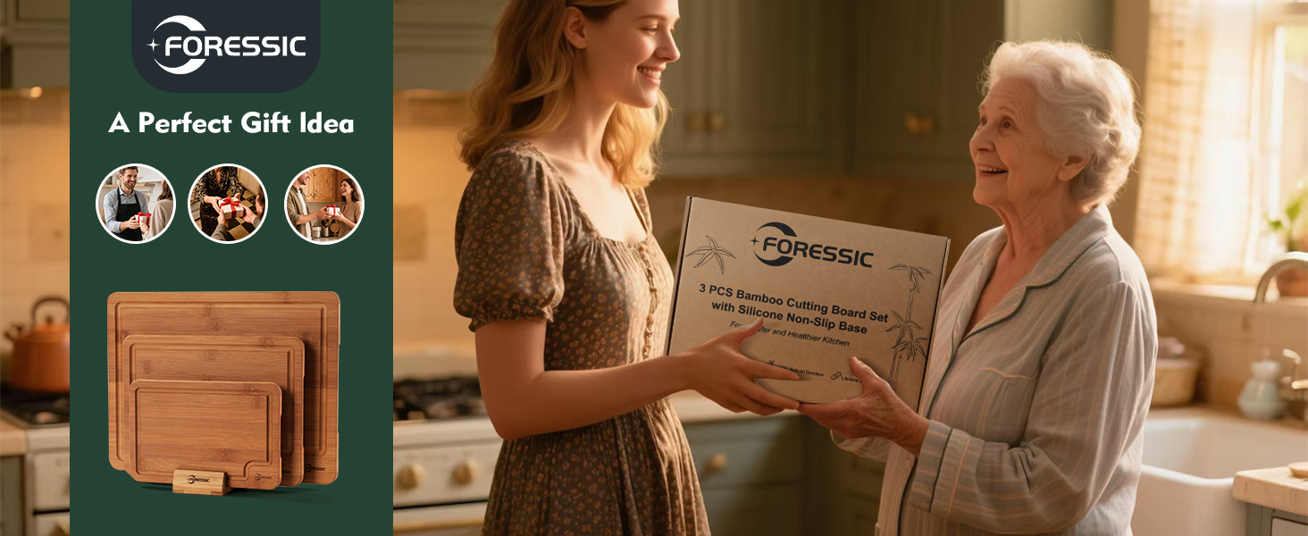 Bamboo Cutting Board, Non Slip Wood Cutting Boards for Kitchen 3 Packs Holder and Over Sink Nice Solid Thick Durable Cutting Boards for Kitchen Large Small Vegetables Fruits Kitchen Gifts (Carbonized)