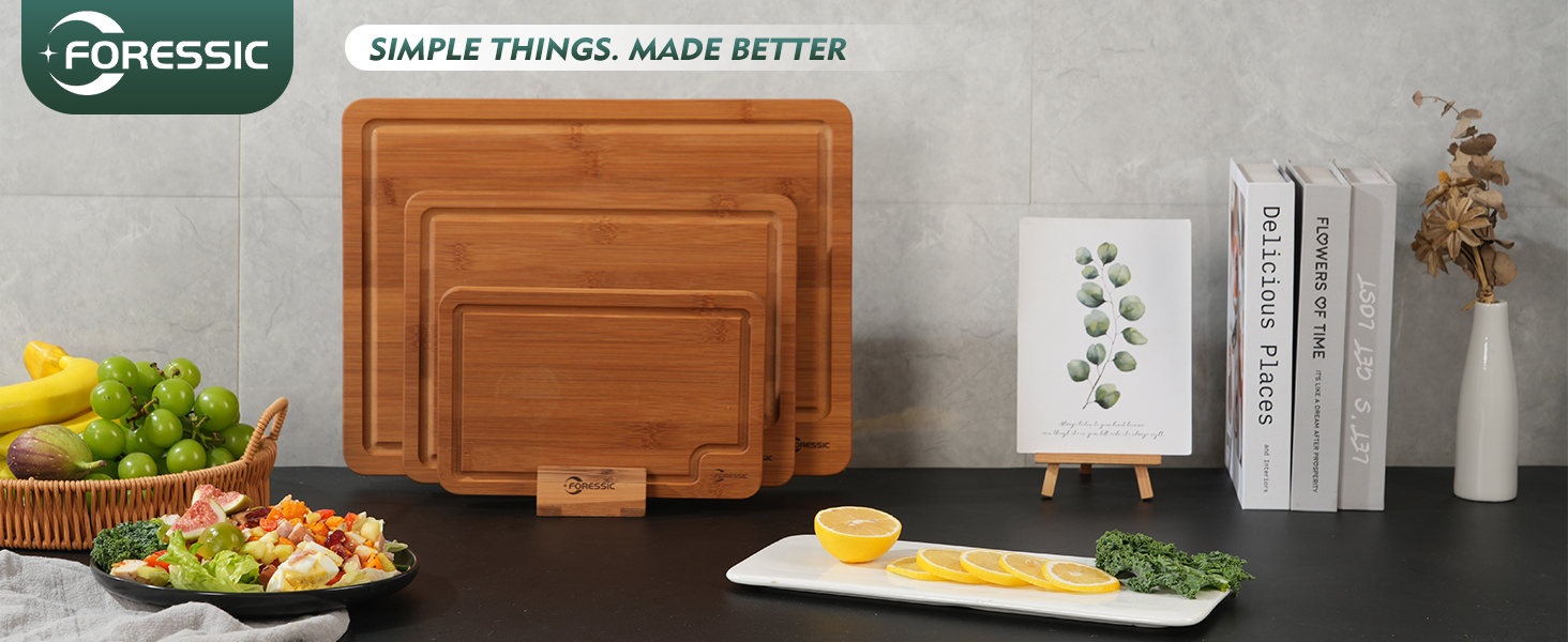 Bamboo Cutting Board, Non Slip Wood Cutting Boards for Kitchen 3 Packs Holder and Over Sink Nice Solid Thick Durable Cutting Boards for Kitchen Large Small Vegetables Fruits Kitchen Gifts (Carbonized)