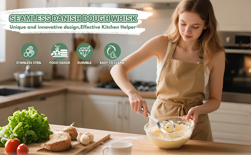 Seamless Danish Dough Whisk Stainless Steel Bread Sourdough Whisks for Cooking, Whisking, Pizza, Pastry, Cake Batter, Biscuits,Dishwasher Safe Dutch Whisk 10