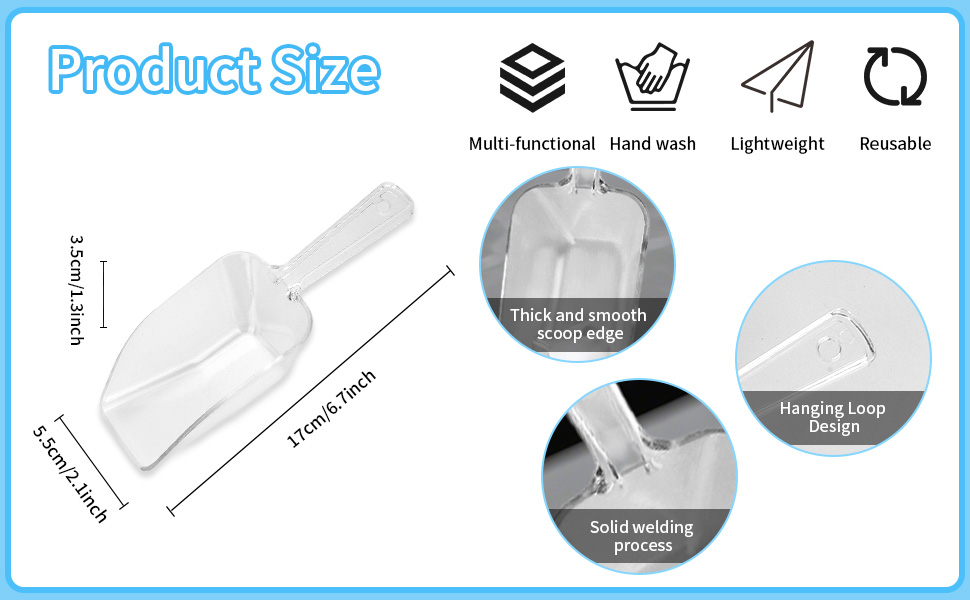 12 Pcs Clear Plastic Ice Scoop, Medium Multi Purpose Plastic Ice Scoop Sets, Ices Cube Scoops for Freezer Ices Machine Dry Goods Canisters Candy Buffet Kitchen Food Coffee Wedding Desserts(6.7 Inch)